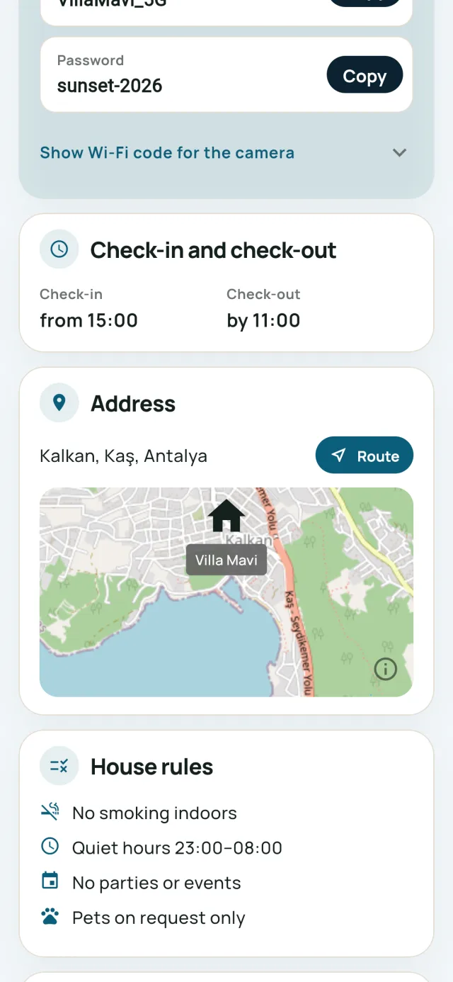 Wi-Fi, giriş ve haritada mekânlar içeren misafir rehberi sayfası